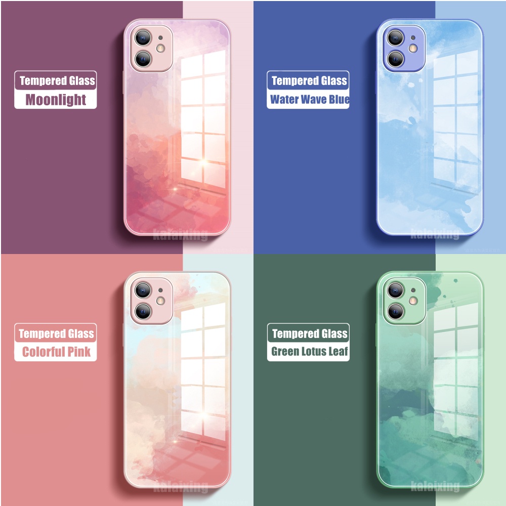 【Có Logo】Ốp điện thoại kính cường lực màu nước cho iPhone 11 Xs Max XR X 12Mini 7Plus 8 Plus SE 2020