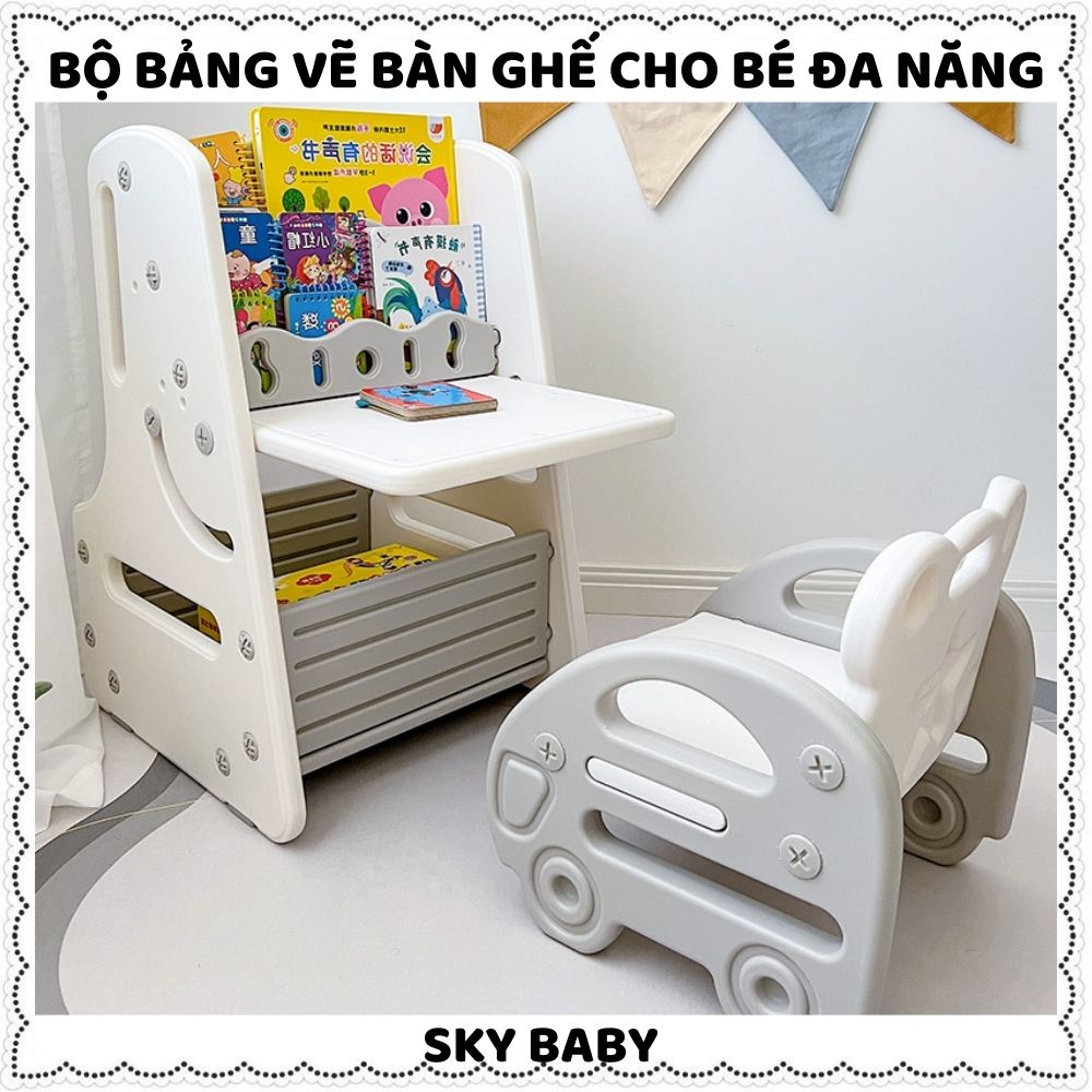 Bàn học cho bé kèm ghế bảng vẽ từ tính thông minh,kệ sách,kệ đựng đồ đa năng cao cấp 5 in 1 hỗ trợ bé học tập phát triển
