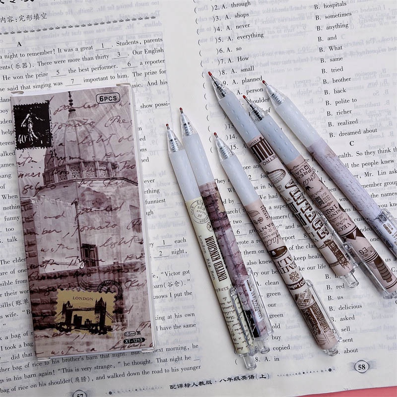 Set 6 Bút Bi Mực Đen Ngòi 0.5Mm Phong Cách Retro