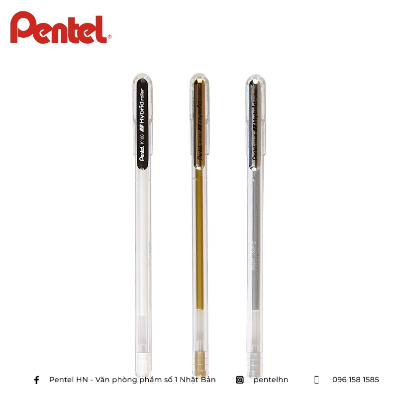 Bút Nhũ Pentel K108 Hybrid Roller | Màu Nhũ Tươi Sáng Nhanh Khô Không Lem Nhòe | Ngòi 0.8mm 3 Màu Mực (vàng, bạc, trắng)