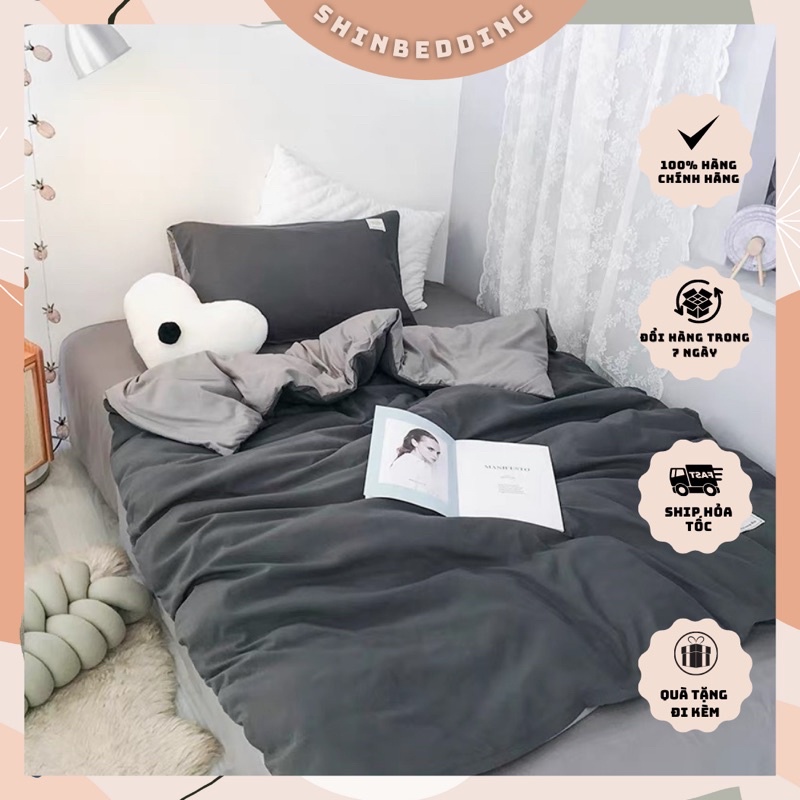 Set Chăn Ga Cotton TC Ghi Đậm Phối Ga Xám Nhạt Hàng Chuẩn Xuất Nhật