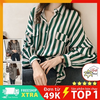 Áo sơ mi nữ công sở tay bồng họa tiết sọc kiểu form giấu bụng dễ thương size m - 4xl