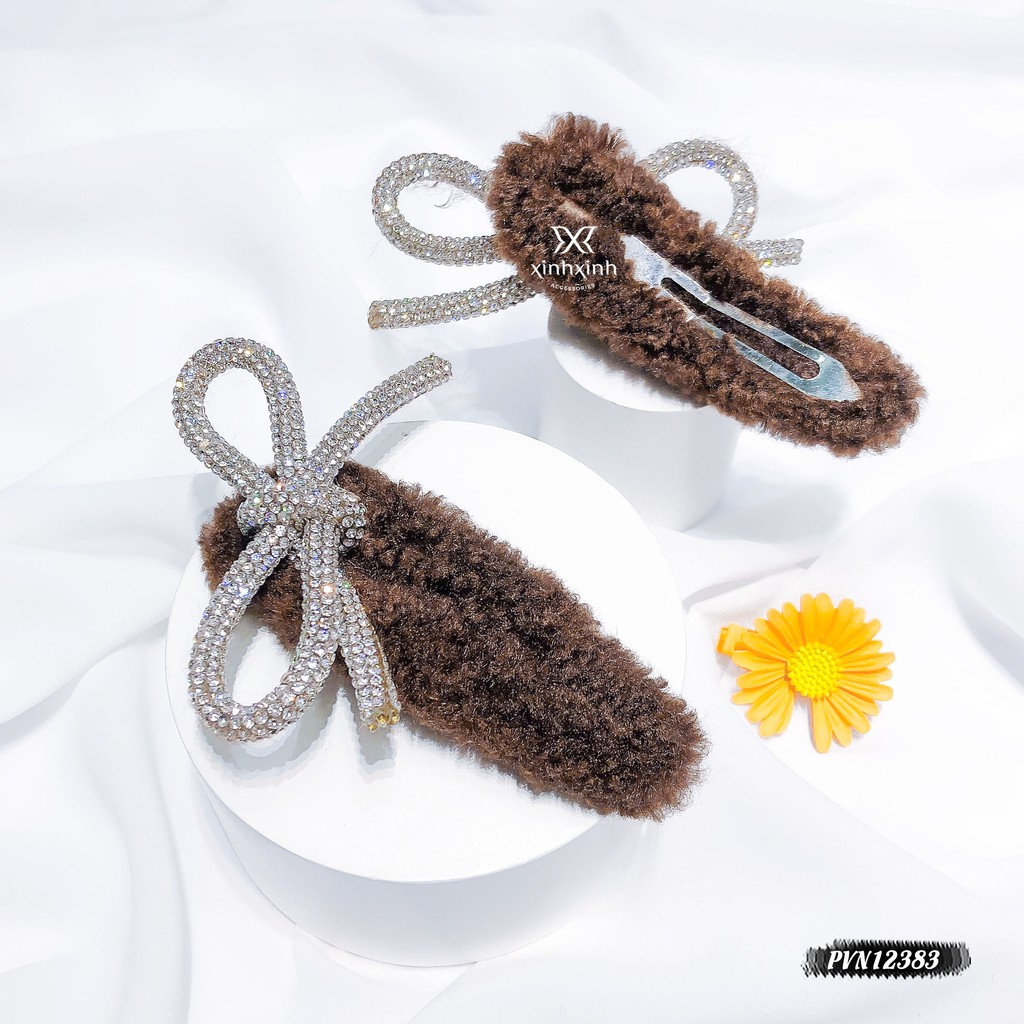 Kẹp Tóc, Cặp Tóc Mái Xù Nơ Đá Nhân Tạo Cao Cấp - Xinh Xinh Accessories