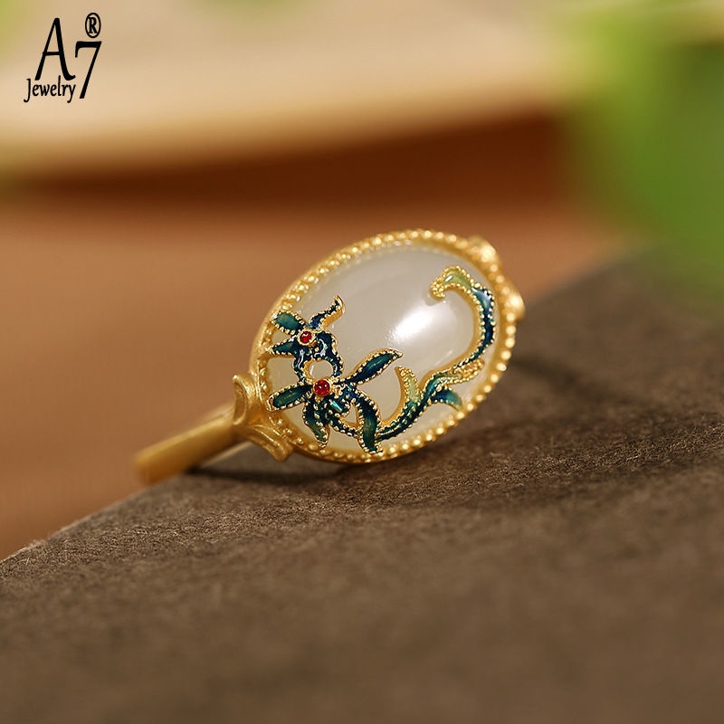 Nhẫn Hở Mạ Bạc S925 A7Jade Mạ Vàng 18K Hình Hoa Xinh Xắn