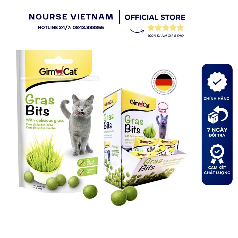 Viên cỏ mèo Gimcat Gras Bits tiêu búi lông, hỗ trợ tiêu hóa và bổ sung chất xơ cho mèo