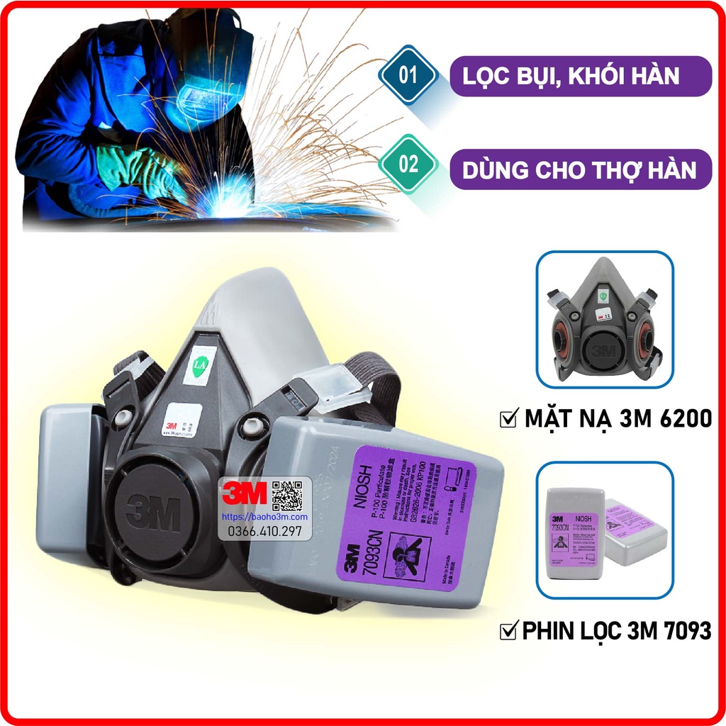 MẶT NẠ PHÒNG ĐỘC Chống Khói Hàn, Bụi Nhà Máy, Hầm Mỏ 3M 6200 lắp phin lọc 3m 7093