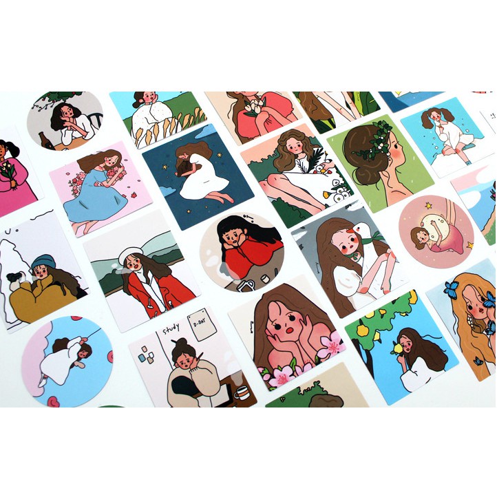 Set 9 Thẻ Giấy Trang Trí Họa Tiết Cô Gái Hình Dễ Thương