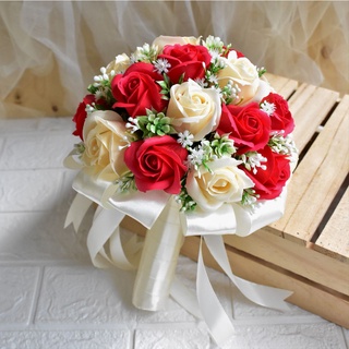 BÓ HOA CƯỚI CẦM TAY CÔ DÂU HOA HỒNG SÁP MÀU ĐỎ TRẮNG, CAM NHẠT PASTEL
