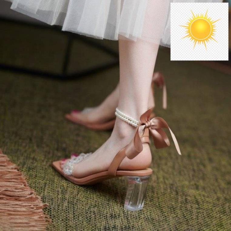 Giày Xăng Đan Cao Gót Mary Jane Quai Đính Hạt Ngọc Trai Nhân Tạo Thời Trang 2021 Cho Bạn Gái