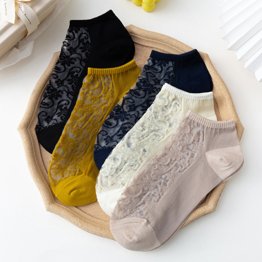 Tất cổ chân ngắn phối ren đơn giản lụa thủy tinh vintage chống trượt thời trang mùa hè 2021 nhiều màu cho nữ BACK2LIFE