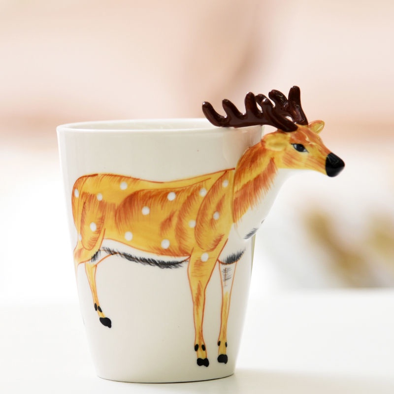 ✢ↂ✺Cá tính sáng tạo cốc gốm sứ vẽ tay phim hoạt hình cốc động vật vẽ sika hươu mèo 3D cốc nước quà tặng ba chiều
