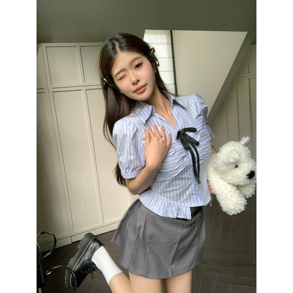 Bộ Áo Sơ Mi Thắt Nơ Eo + Chân Váy Xếp Ly Thời Trang Phong Cách Hàn Quốc Cho Nữ