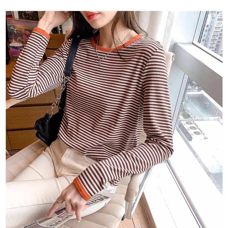 Áo Thun Dài Tay Dáng Rộng Họa Tiết Kẻ Sọc Màu Sắc Tương Phản Thời Trang Mùa Thu Mới