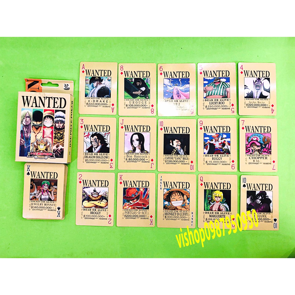 Bộ bài Tây anime onepiece Wanted Truy Nã,Rozo,luffy,chopper , bộ Tú 54 lá in hình anime manga dễ thương si