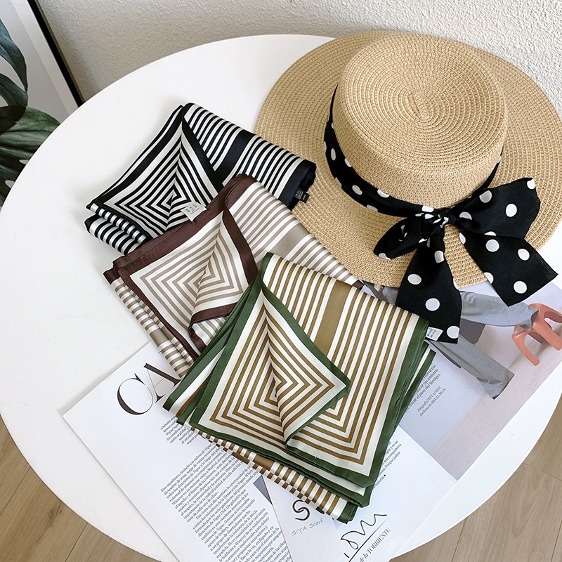 Khăn Choàng Lụa Satin Hai Lớp Dáng Dài Họa Tiết Kẻ Sọc Phong Cách Retro Pháp 24H