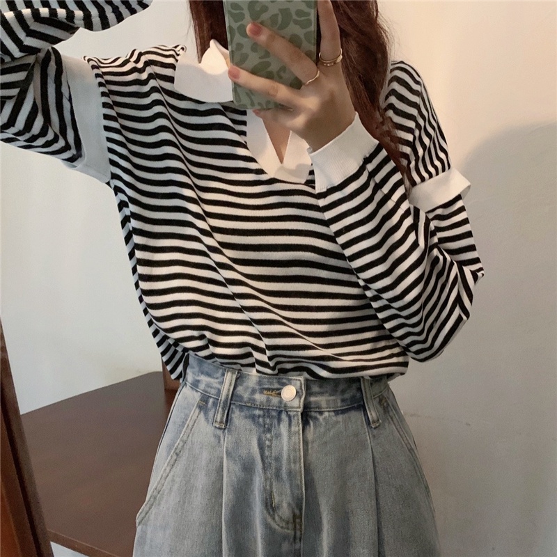Áo sweater tay dài cổ chữ V kẻ sọc màu sắc tương phản thời trang mùa thu cho nữ