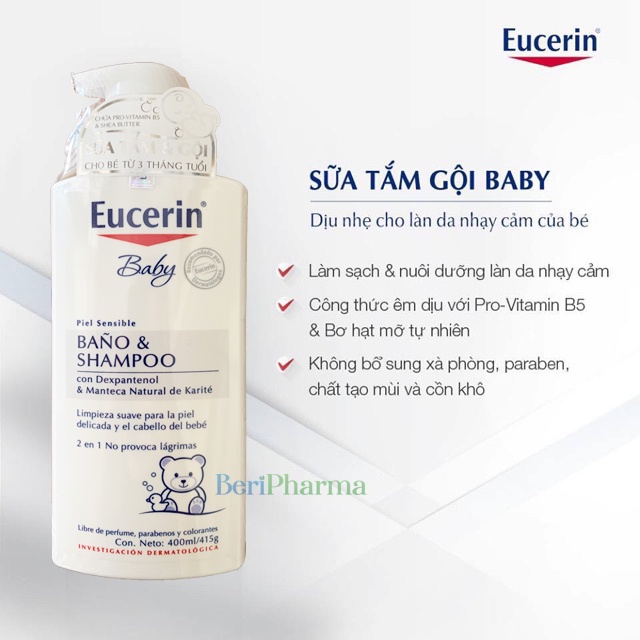 Eucerin Sữa Tắm Gội Cho Bé Baby Wash &amp; Shampoo 400ml