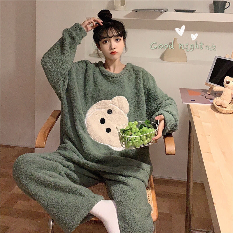 Đồ ngủ chất nhung mùa thu đong Pajama girl autumn winter Korean cartoon cute student thickened cashmere wind net red large size suit