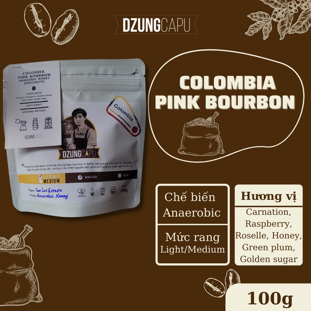 Cà phê Colombia Pink Bourbon - Sơ chế Honey yếm khí - Gói 100g - DzungCapu Specialty Coffee