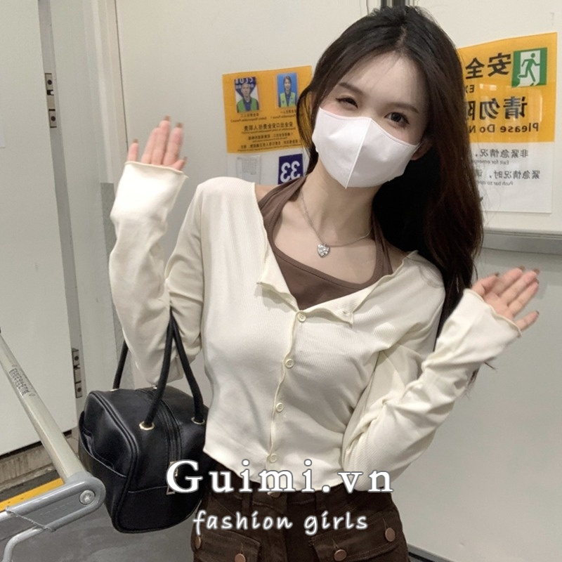 Áo thun NZN dài tay cổ treo giả hai lớp phong cách Hàn Quốc thời trang cho nữ