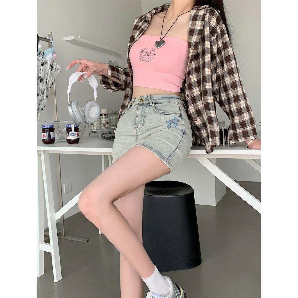 「MOTEL7」Chân Váy Jeans Ngắn Lưng Cao Thêu Chữ Thập Phong Cách Mới Cho Nữ