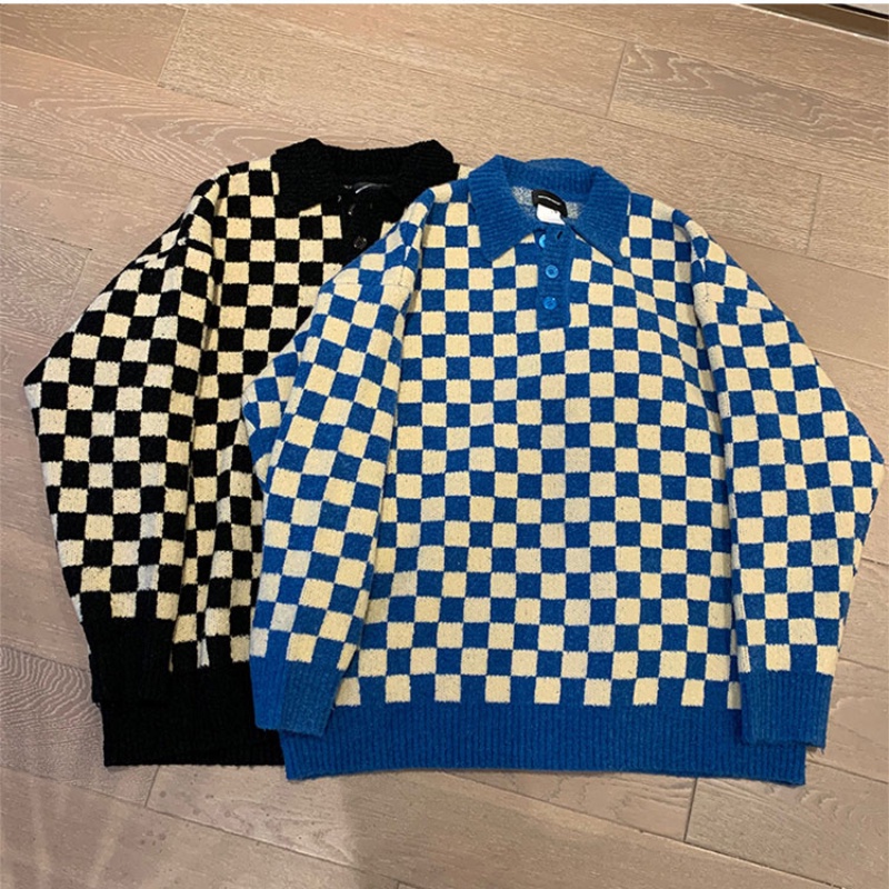 Áo len cổ polo tay dài họa tiết caro phong cách Hàn Quốc thời trang cho nam