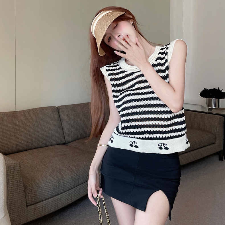 Áo thun ZHELIHANGFEI dệt kim không tay họa tiết cherry kẻ sọc thời trang xinh xắn