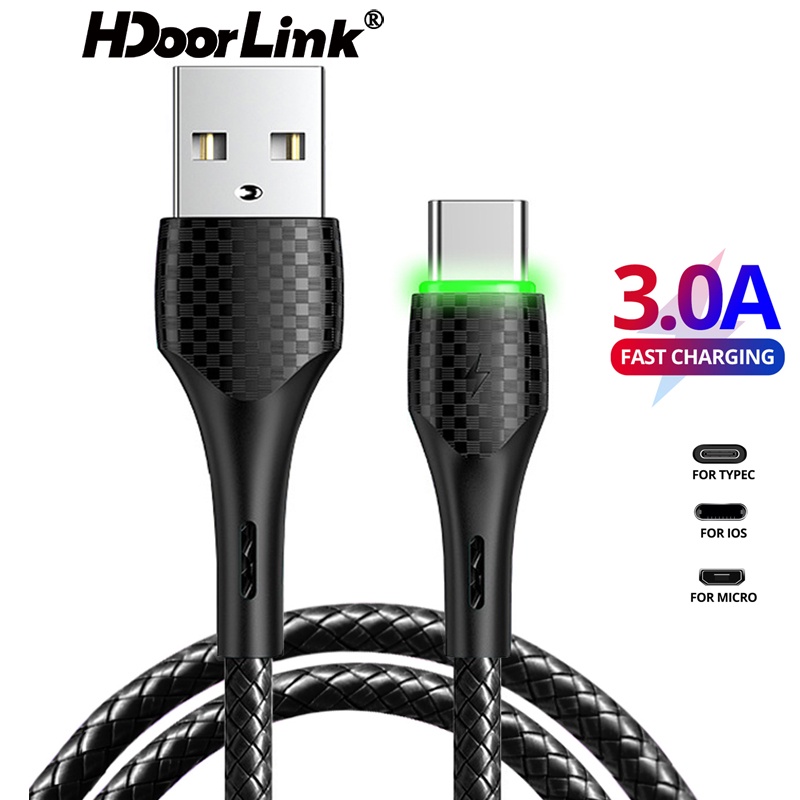 Cáp sạc nhanh HDOORLINK 3A cổng USB Type C có đèn LED dành cho điện thoại Android Samsung