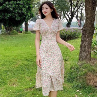 Đầm hoa nữ cổ V đuôi cá tay phồng