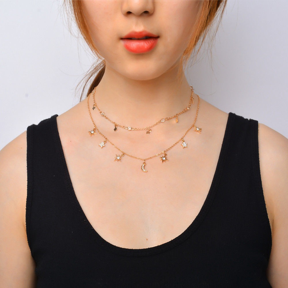 Dây chuyền choker nhiều lớp hình mặt trăng và ngôi sao