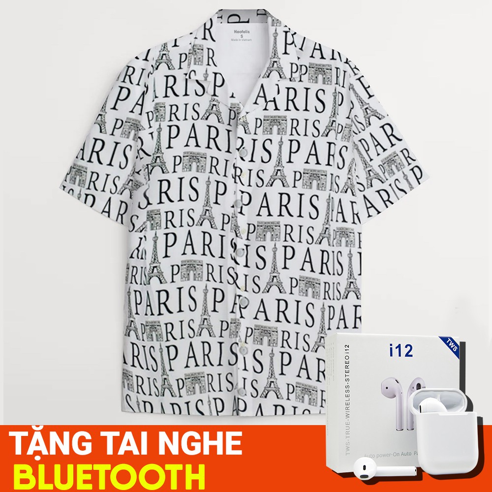 Áo sơ mi trắng cổ vest cho nam tay ngắn - Sơ mi cộc tay hoạ tiết Paris chính hãng Neofelis