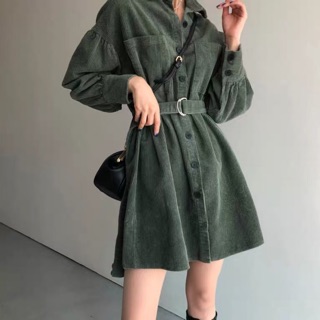 Váy Sơ Mi Nhung Tăm Xinh Kèm Đai