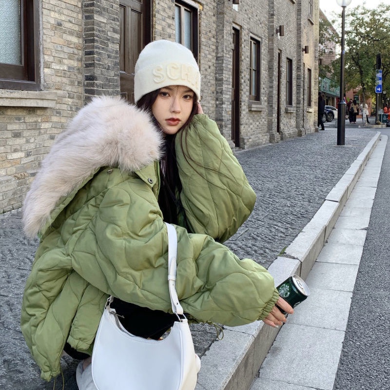 FXDAZI Áo khoác phao cotton phối cổ lông mùa đông 2021 cho nữ