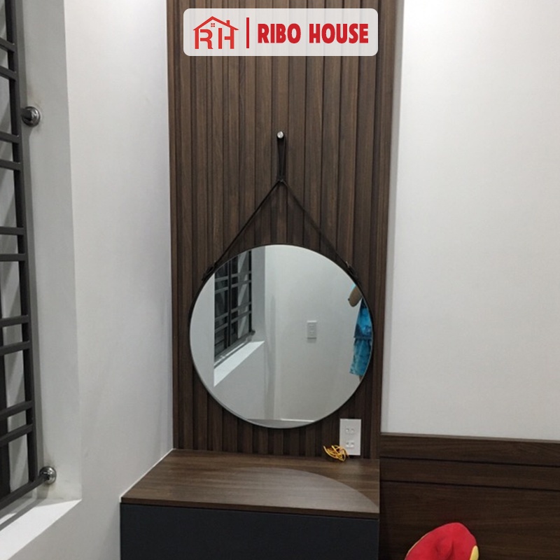 Gương trang điểm RIBO HOUSE chất liệu dây da, gương tròn trang trí phòng ngủ nhà tắm decor quán cafe nails RIBO41