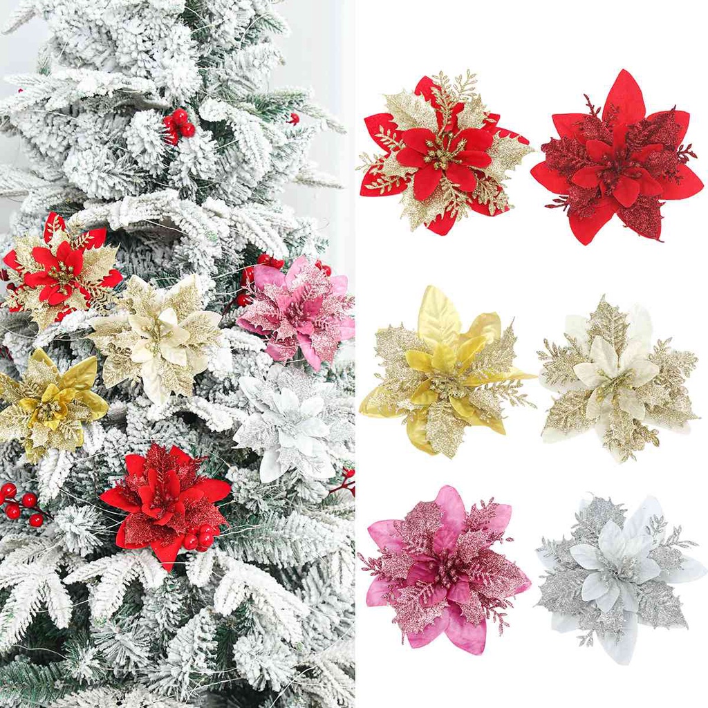 Set 5 Bông Hoa Giả Khoét Rỗng Lấp Lánh Trang Trí Giáng Sinh / Năm Mới