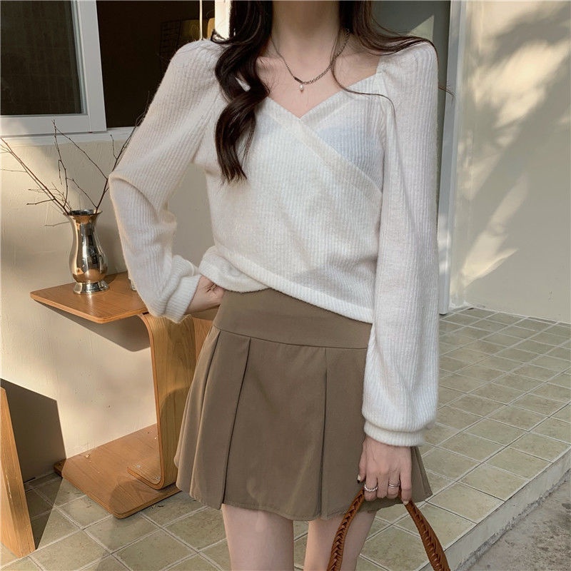 Áo thun tay phồng dài cổ chữ V màu trơn thời trang thu đông cho nữ