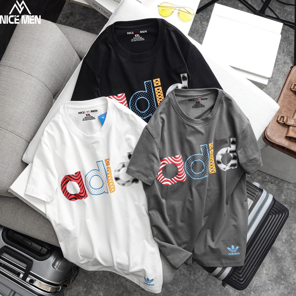 Áo thun nam tay ngắn không cổ in hình ADIDAS 3 phông cộc tay màu trắng đen xám vải cotton cao cấp- NICEMEN