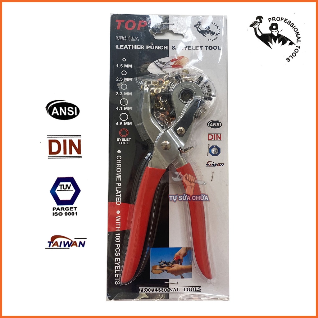 Kìm bấm lỗ thắt lưng, dây nịt, dây da đồng hồ, bìa cứng đa năng cao cấp TOP TAIWAN K6012A kèm 100 đinh tán