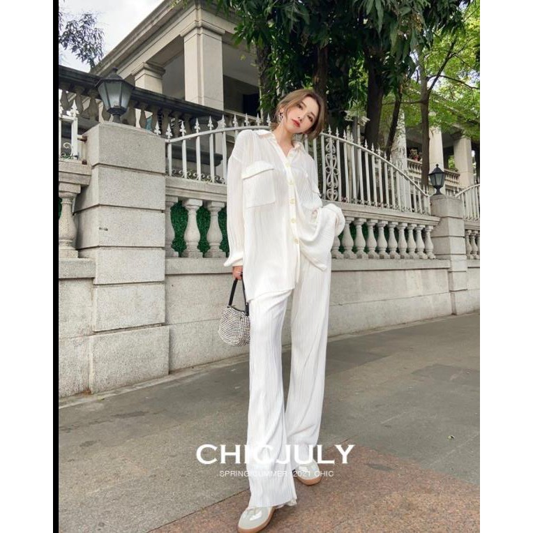 Bộ áo sơ mi trắng + quần ống rộng thoáng khí thời trang mùa hè 2021 cho nữ (có bán lẻ)