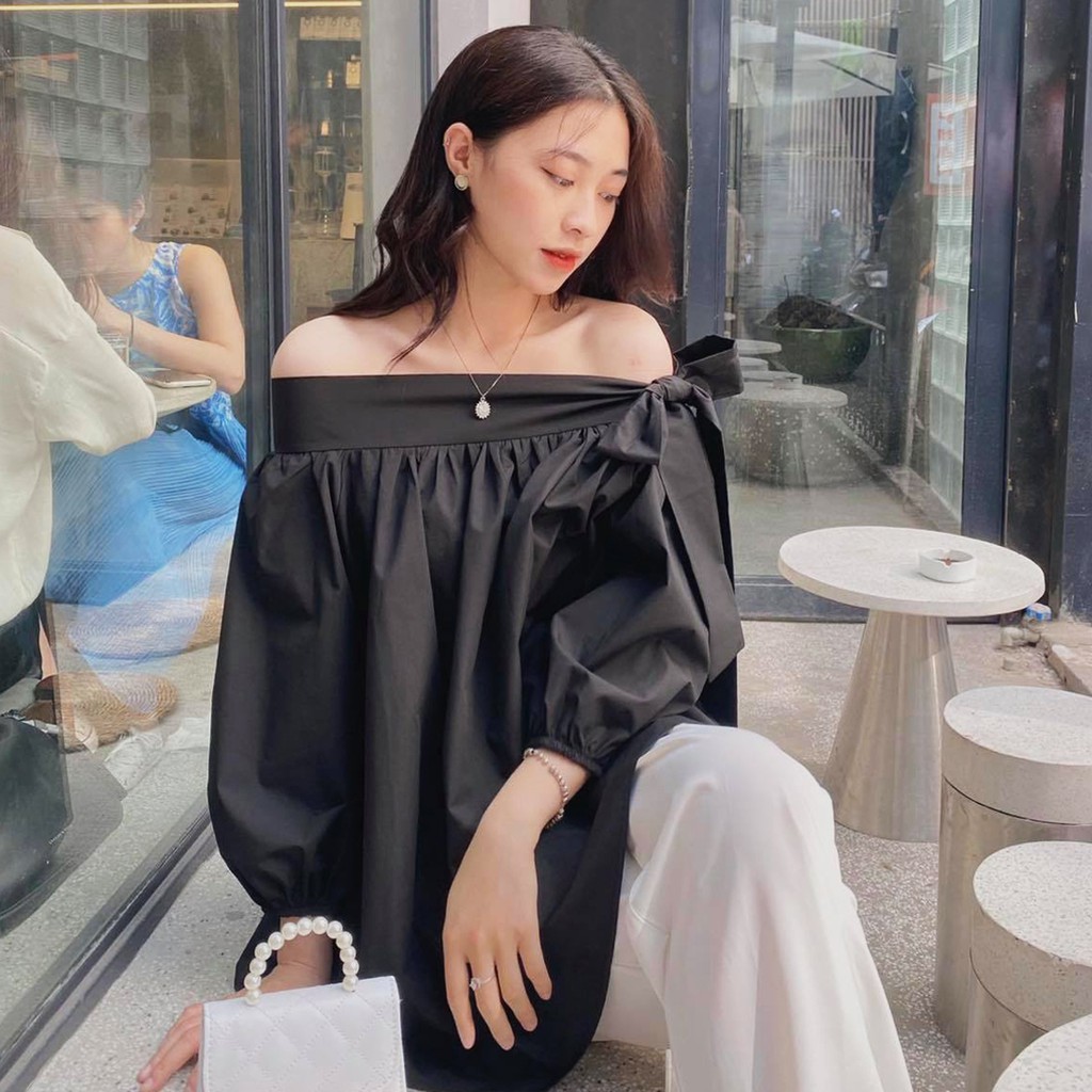 Áo trễ vai bèo buộc nơ bên Ulzzang (hàng QC) - Ảnh thật