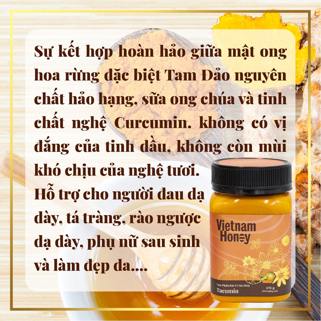 TOP1[Mua 2 giảm 15] Mật ong Nghệ sữa chúa Tacumin Vietnamhoney Beera hỗ trợ giảm viêm loét dạ dày, tá tràng(1 lọ x 470g)