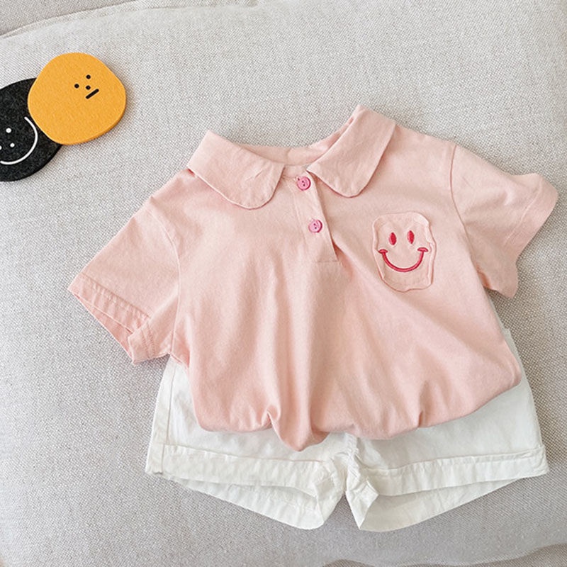 [Babycat] Hàng Có Sẵn Áo Thun POLO Cotton Mỏng Tay Ngắn In Hình Mặt Cười Màu Trơn Phong Cách Nhật Bản Hàn Quốc Thời Trang Mùa Hè Dành Cho Bé Trai Bé Gái
