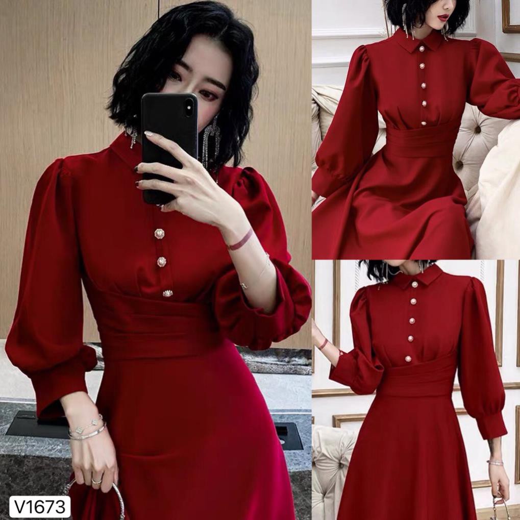 Váy đỏ xếp li eo V1673 - Đẹp Shop DVC (Kèm ảnh thật trải sàn do shop tự chụp) chính hãng