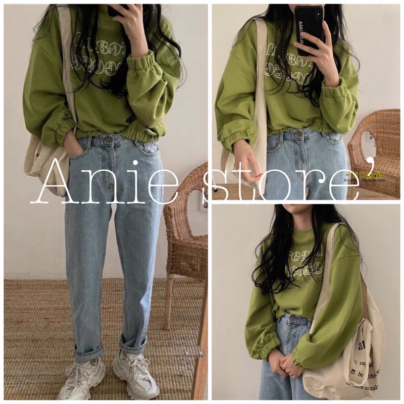 Áo Croptop Nỉ Nữ Dài Tay GREAN 🦋 Áo Thun Xanh Dáng Lỡ In Chữ 🦋