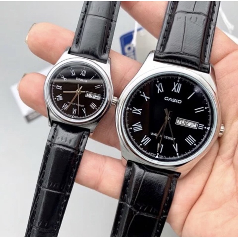 Đồng hồ đôi chính hãng CASIO V006L dây da đen mặt số la mã
