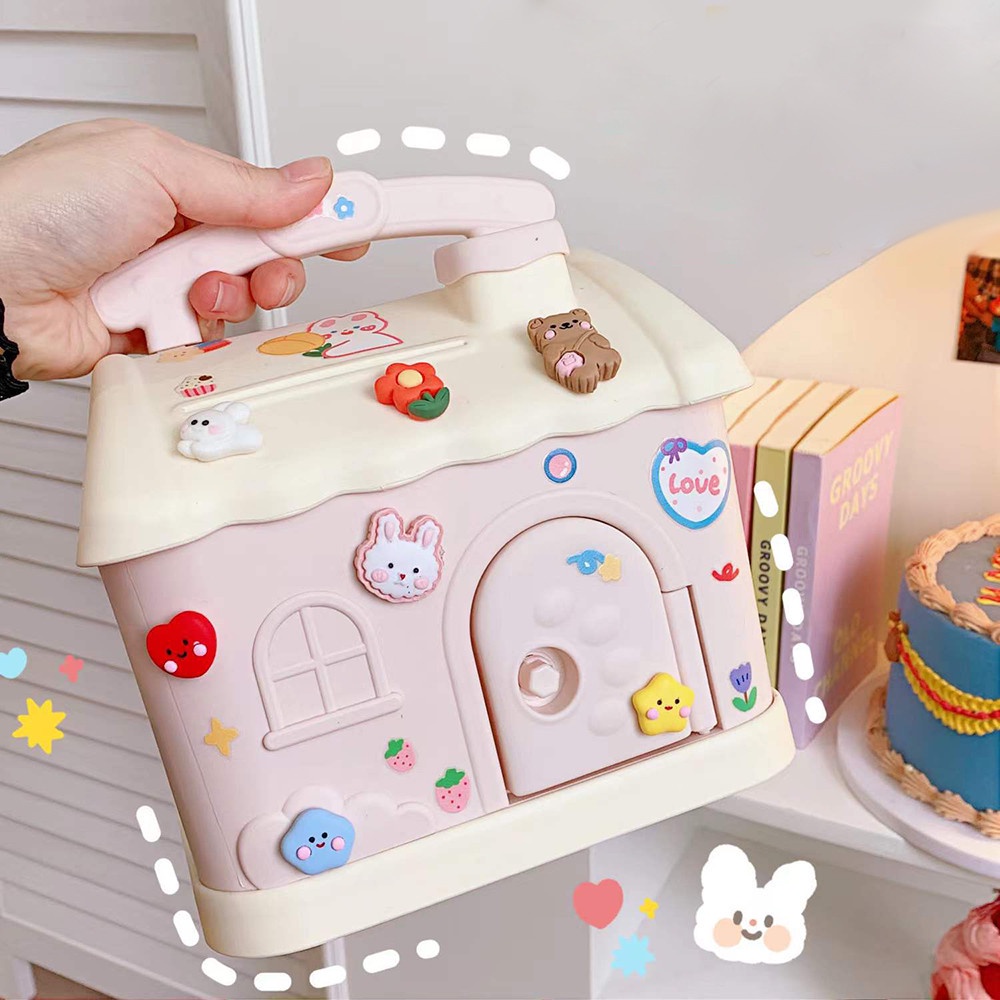 1 Bộ Hộp Đựng Tiền Tiết Kiệm Bằng Nhựa Cỡ Lớn Để Bàn Trang Trí Hình Ngôi Nhà Dễ Thương Có Miếng Dán Làm Quà Tặng Cho Bé Trai/Bé Gái