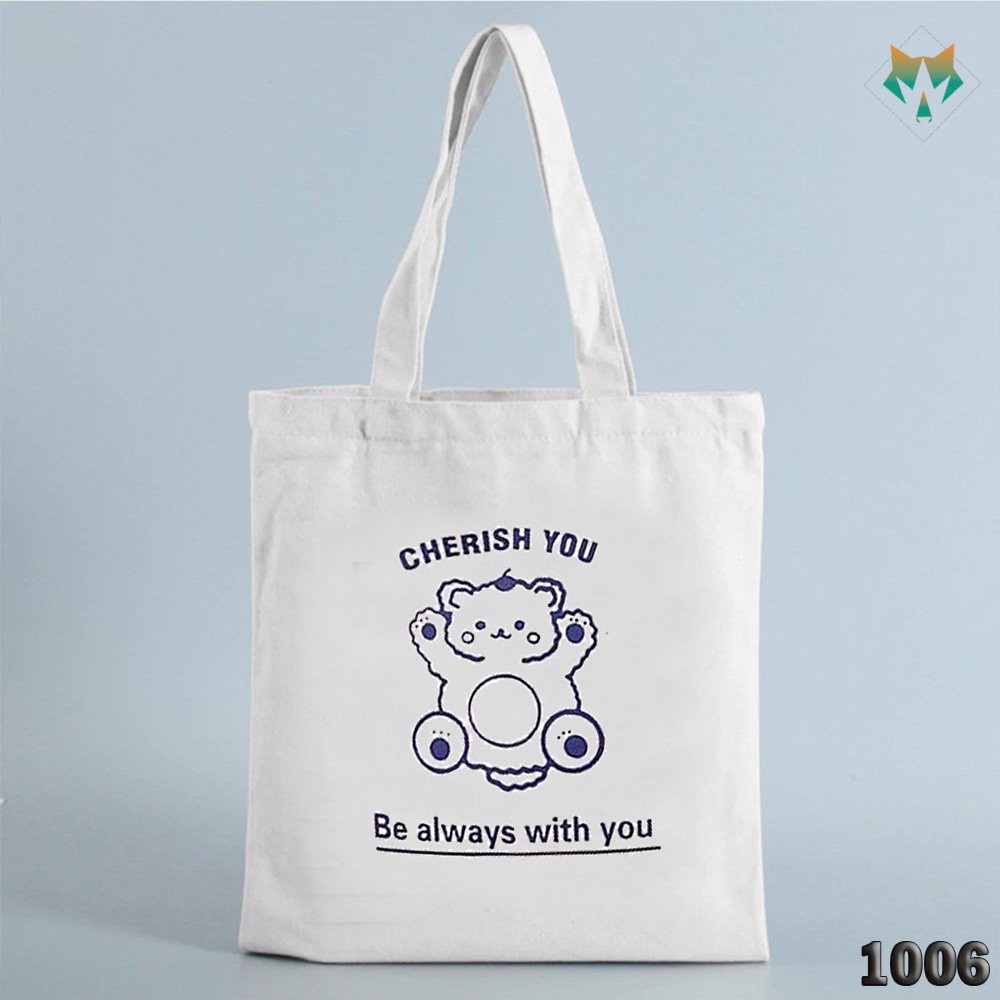 Túi Đeo Vai Tote Trắng Vải Canvas 1006 460 Gấu Cherish You Thời Trang Mùa Hè Siêu Hot