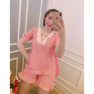 Bộ Ngủ Tiểu Thư Lụa Caro Phối Ren