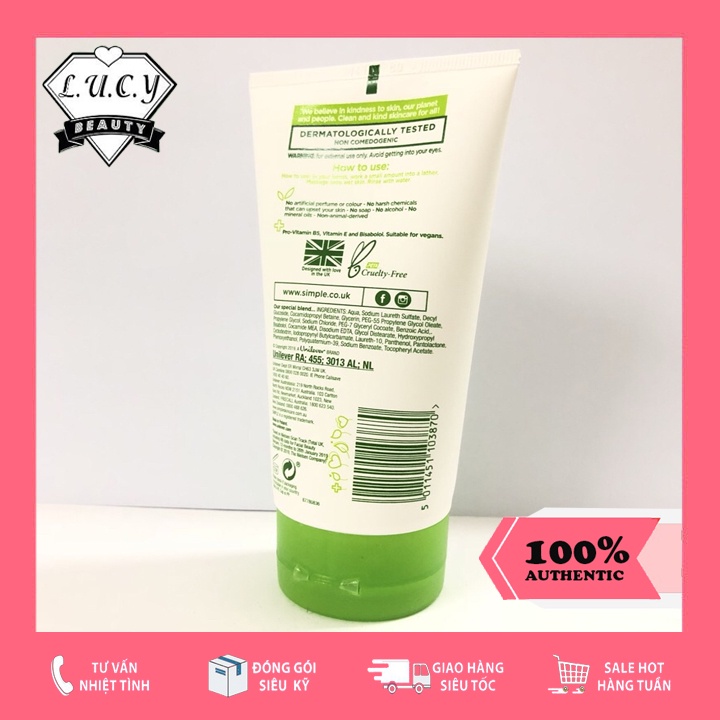Hàng UK- Sữa Rửa Mặt Simple Sensitive Skin Experts Moisturising Facial Wash 150ml Dành Cho Da Khô Nhạy Cảm Màu Trắng | BigBuy360 - bigbuy360.vn