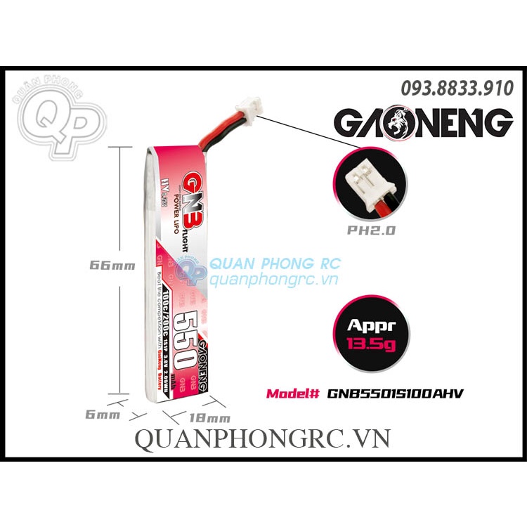 Pin GNB 550mAh 1S 100C 3.8V LiHV Battery PH2.0